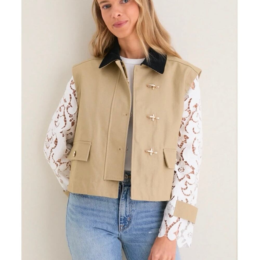 NWOT Hill House Home Khaki with Lace Sleeves Clarisse Jacket SZ L